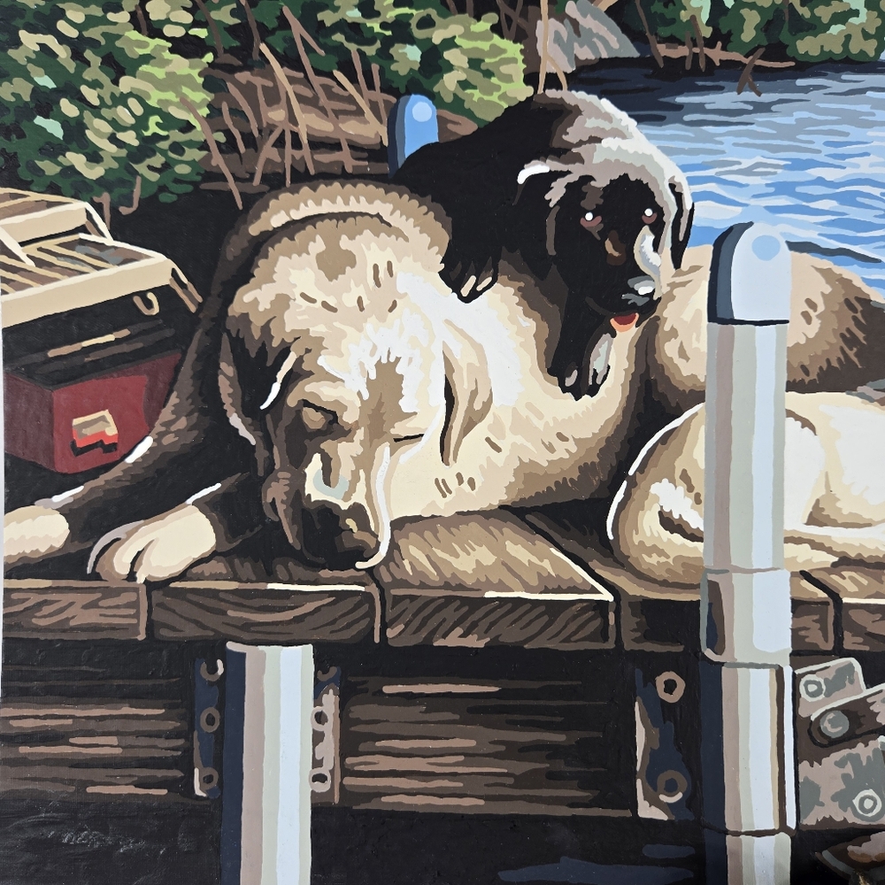 Grandpa With Grandson Fishing On‎ Dock With Labs Vintage Paint By Number 20x16 - Picture 7 of 17